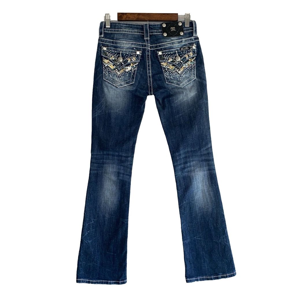 Miss Me Jeans Signature Boot Embellished Flap Pockets Sequin Thick Stitch Sz 26